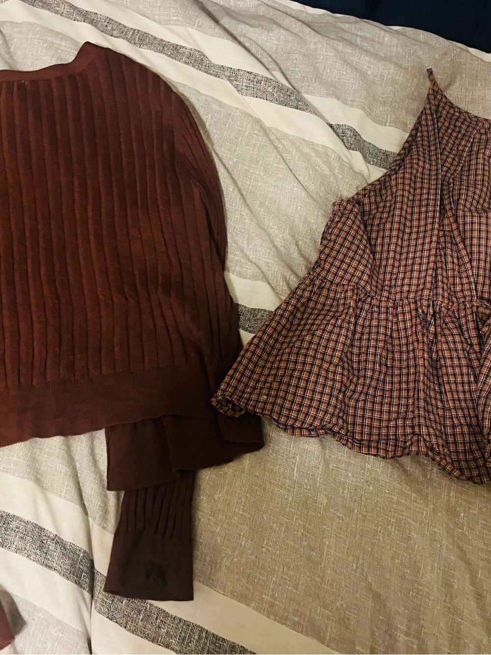 Target Brown Ribbed Knit Sweater Top with Plaid Peplum Tank